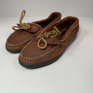 Minnetonka Moccasin Women's Sz 5 Brown Leather Fringe Slip On Flat